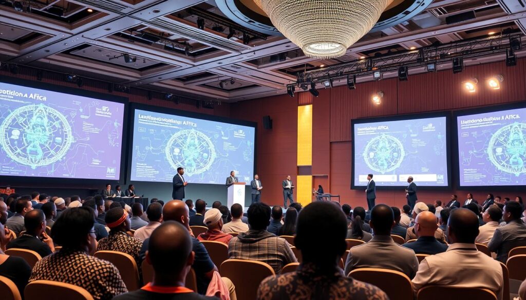 Young African AI developers presenting their solutions at a major Africa AI development conference