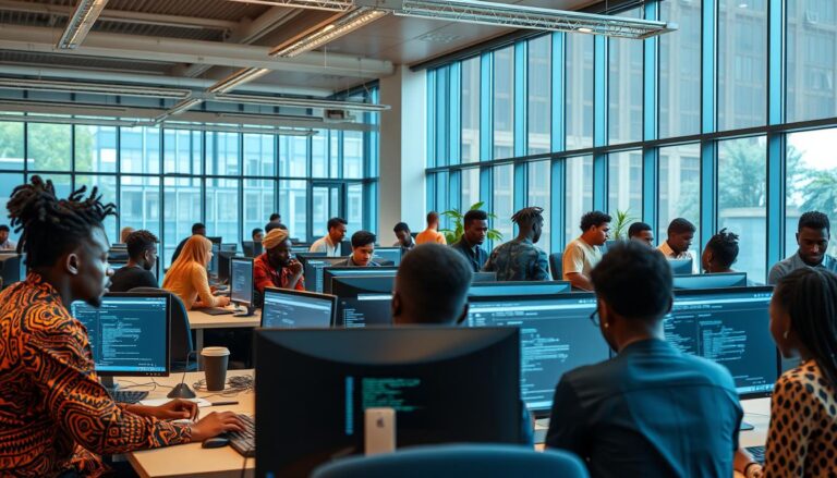 Africa AI Development: Empowering the Next Generation to Build Their Future Young African developers working on AI projects in a modern tech hub in Nairobi, showcasing Africa AI development in action