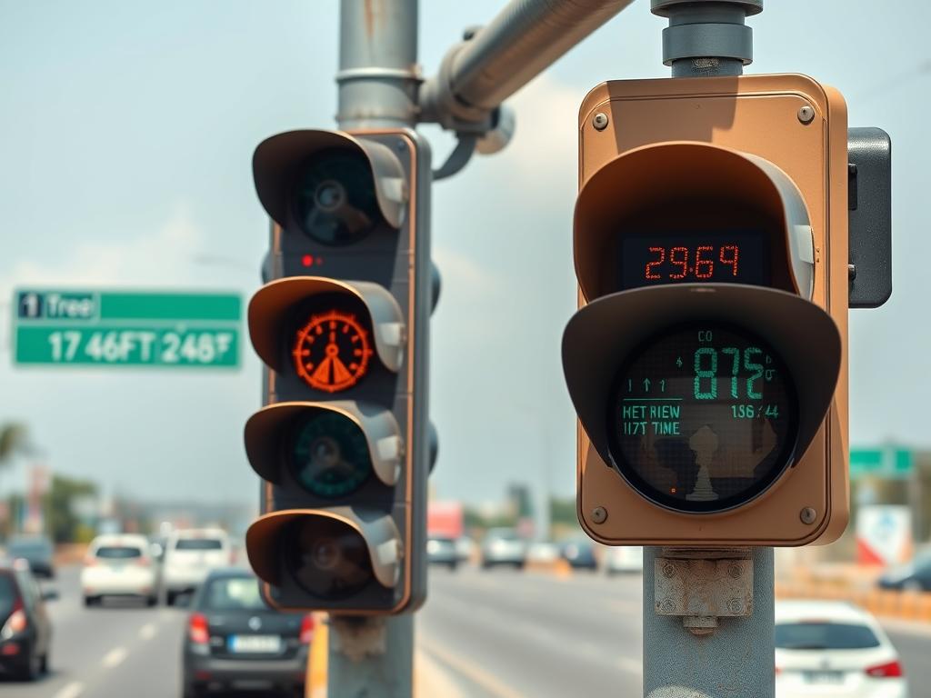 AI-powered adaptive traffic signal system at a busy Lagos intersection showing real-time adjustments