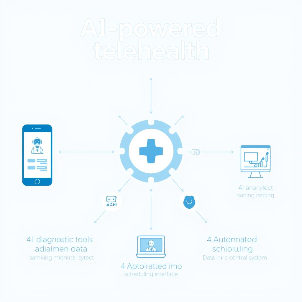 AI-powered telehealth system components showing chatbot interface, diagnostic tools, and remote monitoring