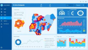 AI system analyzing crime data patterns across a map of Nigeria showing hotspots in urban centers