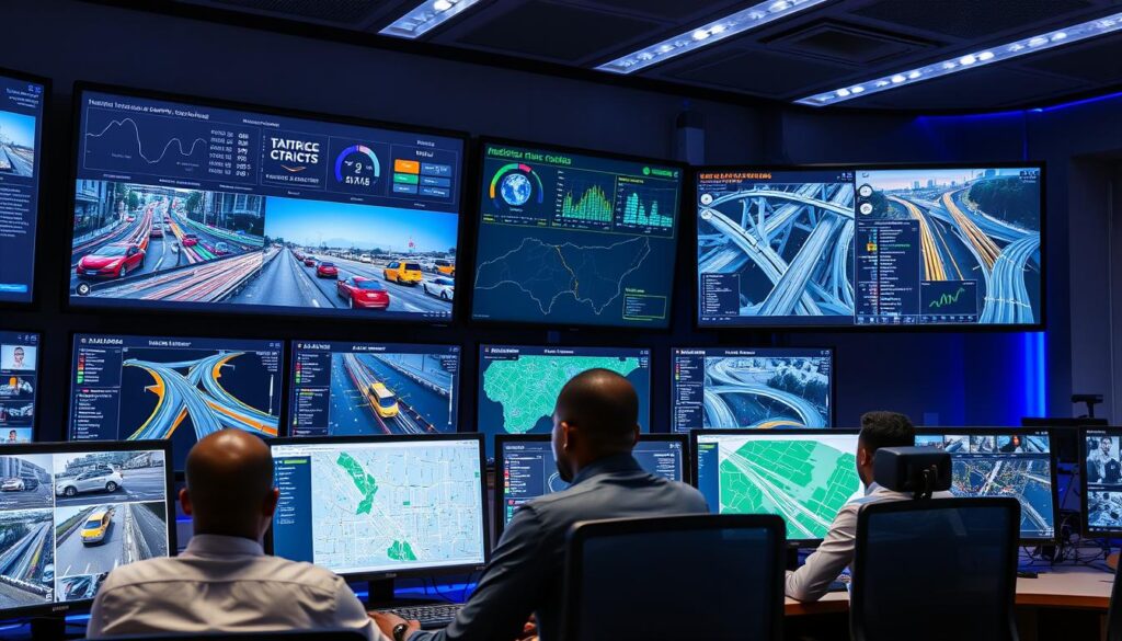 AI traffic management control center in Nigeria showing multiple screens with real-time traffic data