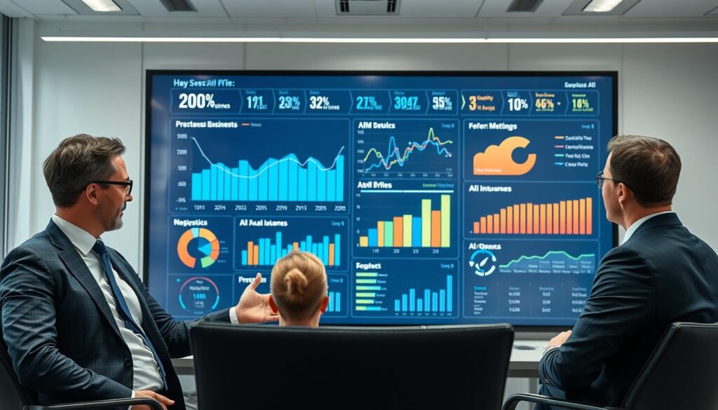 Business professionals analyzing AI ROI metrics on dashboard for AI predictions 2026