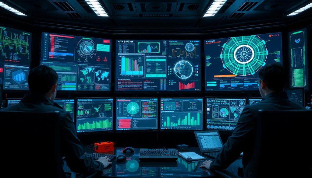 Cybersecurity operations center with AI threat detection systems for AI predictions 2026