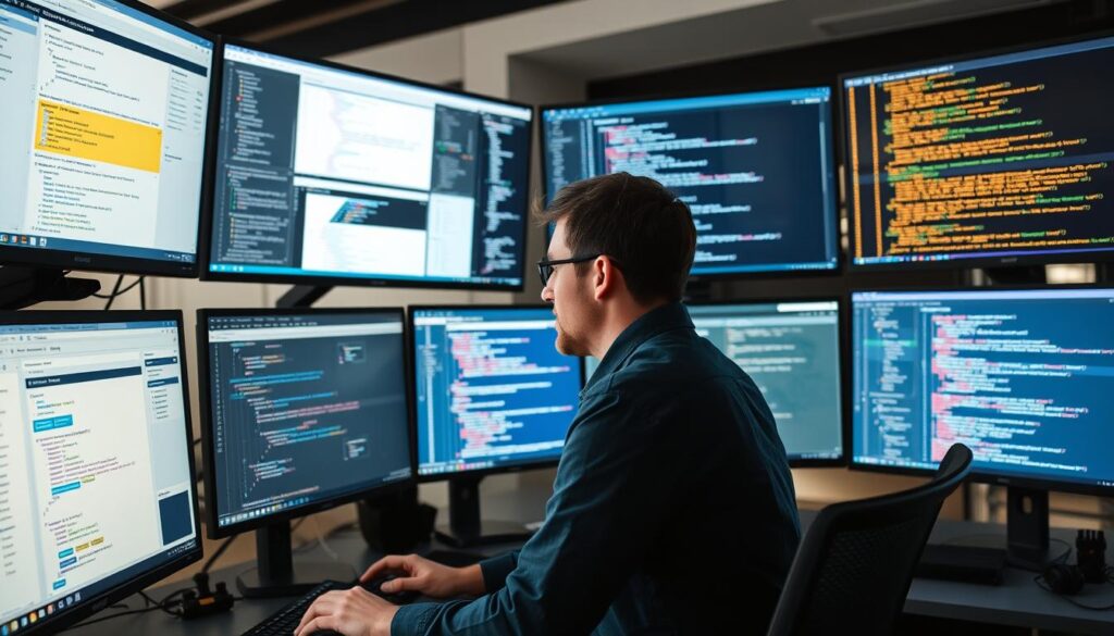 Developer working with AI tools on multiple screens showing code and visualizations for AI predictions 2026