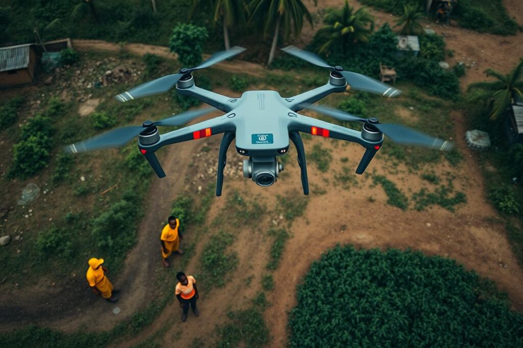 Drone with AI capabilities assisting in search and rescue operations in a Nigerian rural area Drone with AI capabilities assisting in search and rescue operations in a Nigerian rural area