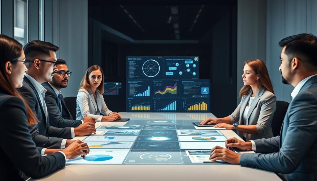 Executive team using AI decision support systems in boardroom for AI predictions 2026