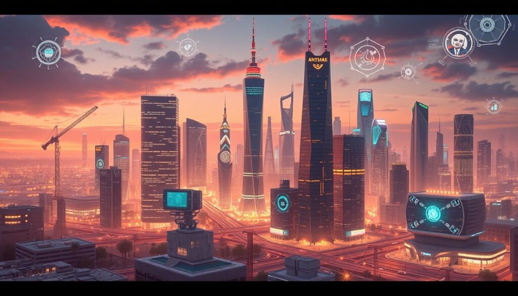 Futuristic cityscape showing integrated AI technologies for AI predictions 2026