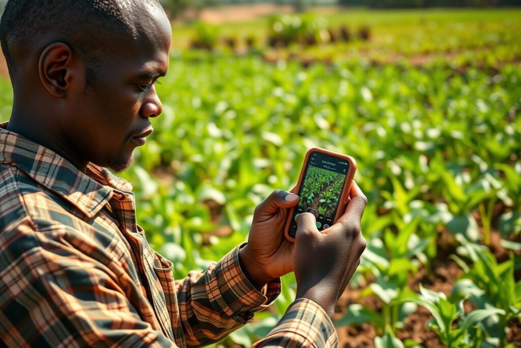 Nigerian farmer using mobile AI application to analyze crop health