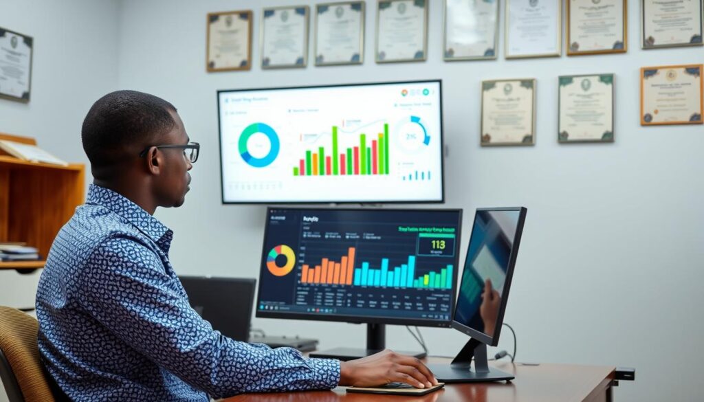 Nigerian school administrator reviewing AI-generated student performance analytics dashboard