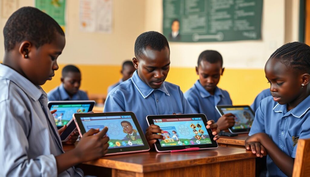 Nigerian students using AI-powered educational apps on tablets for interactive learning