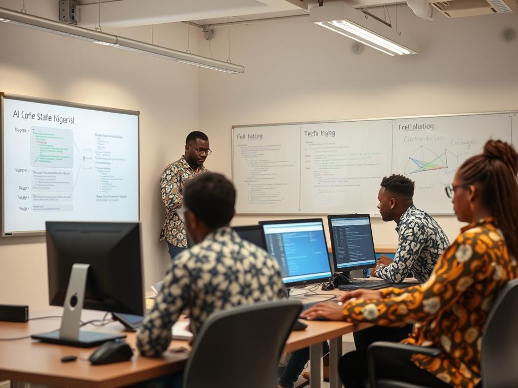 Nigerian tech developers working on localised AI solutions in a startup environment