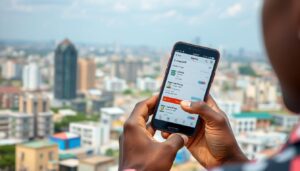 Person using ChatGPT Shopping Research on smartphone with Nigerian e-commerce platforms visible