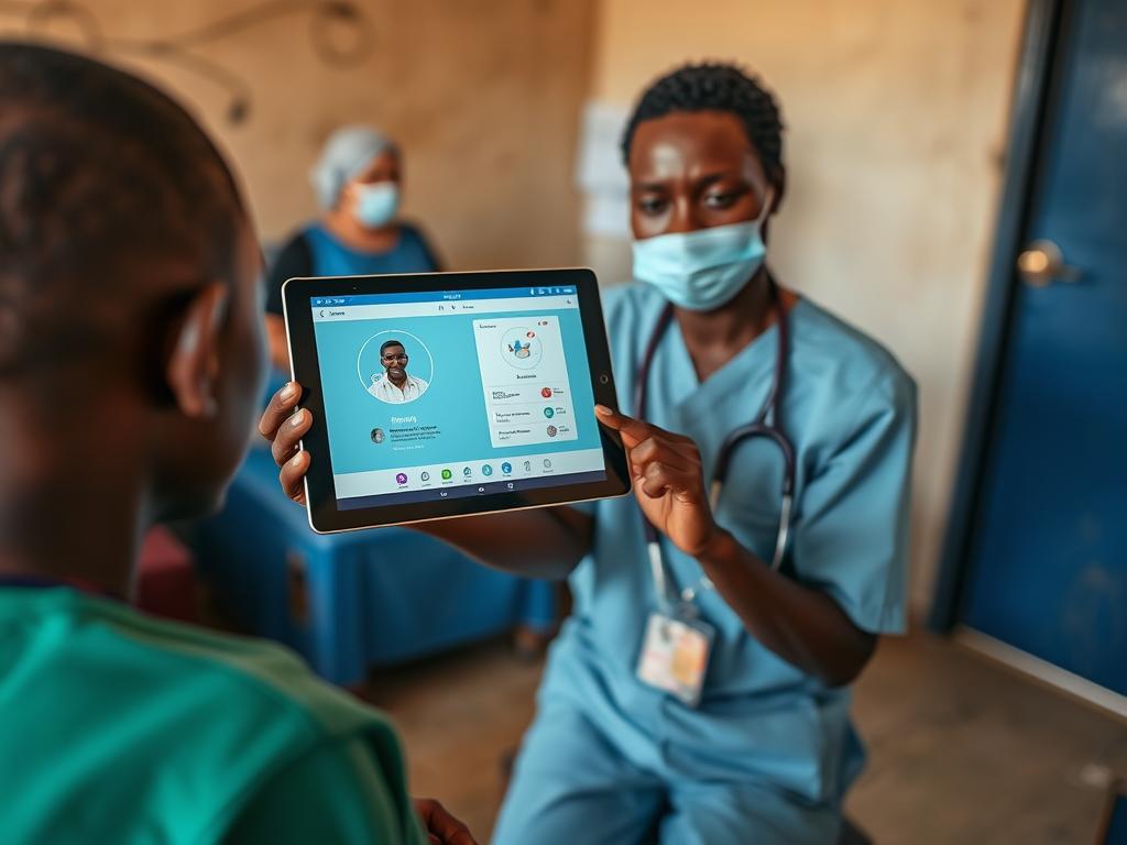 Rwandan healthcare worker using Babyl AI telehealth system in rural clinic
