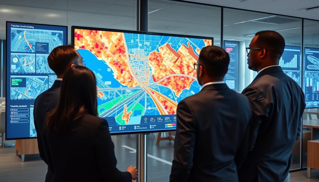 Urban planners using AI traffic data visualization for future infrastructure planning in Nigeria