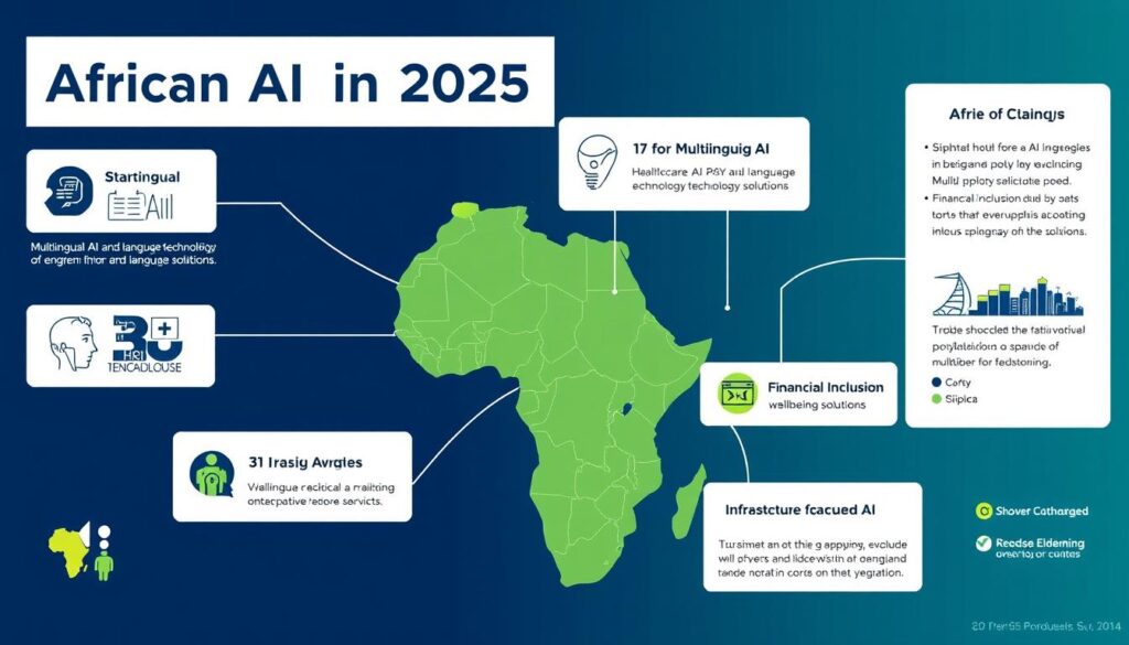 Visual representation of key trends in African AI products 2025 showing language technology, healthcare, and financial inclusion