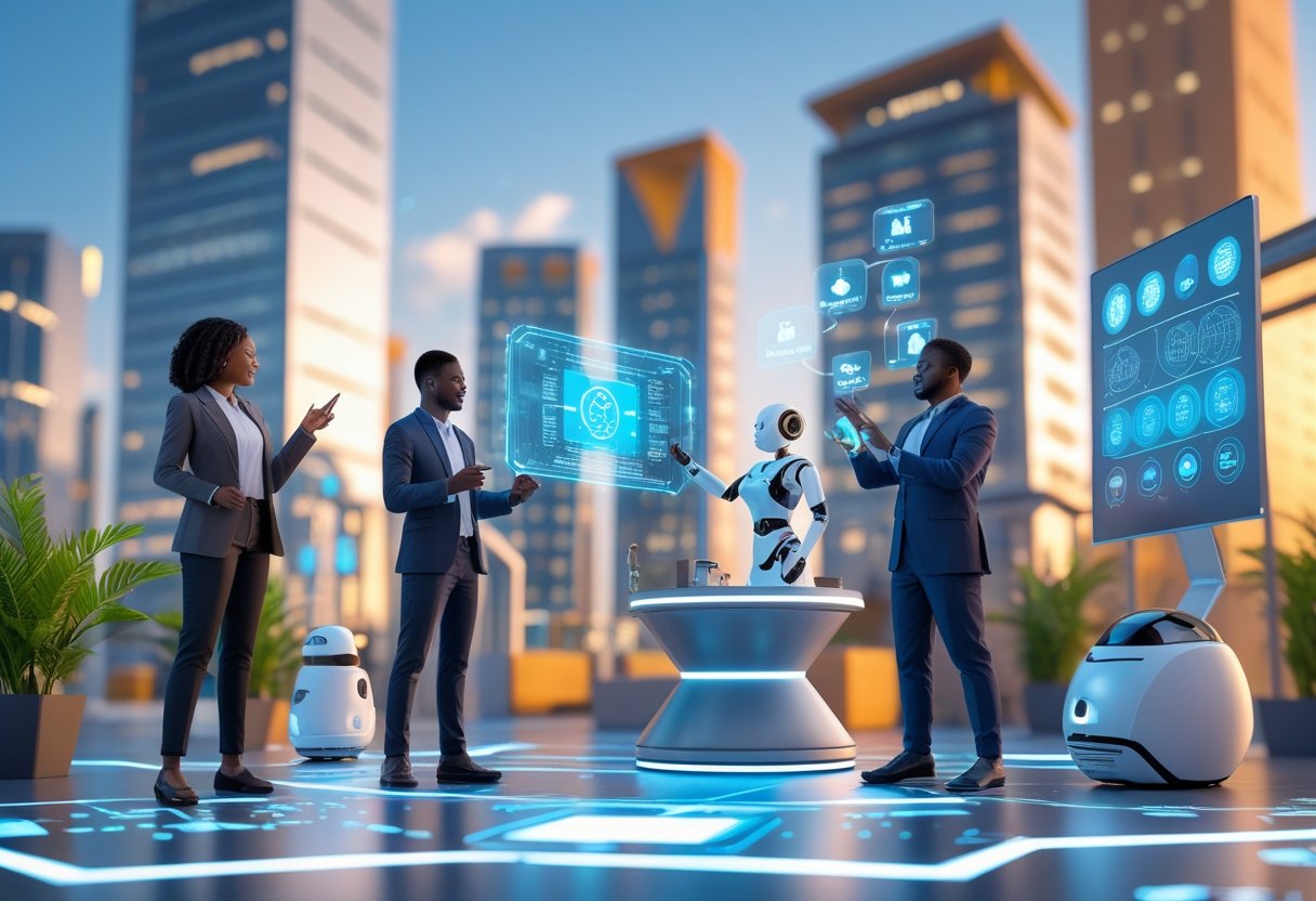 A futuristic Nigerian city with diverse professionals using advanced AI technology and holographic interfaces, blending traditional cultural elements with modern innovation.
