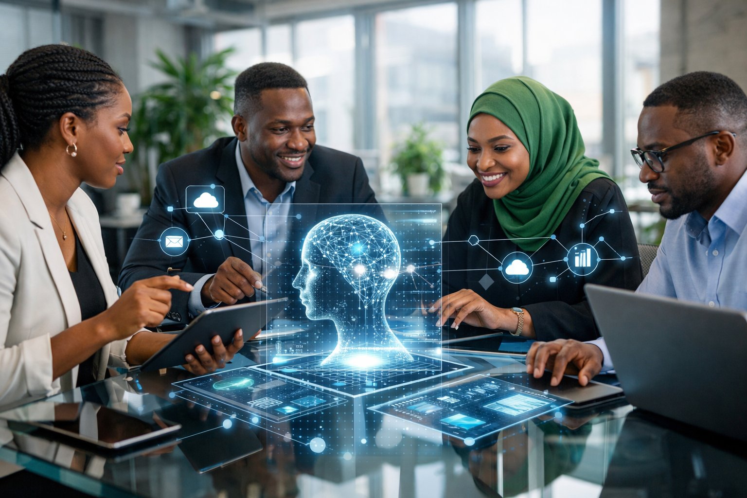 A group of Nigerian professionals working together around a table with digital screens and holographic interfaces in a bright modern office.