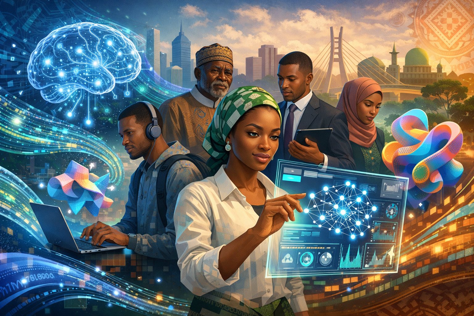 A group of Nigerian people interacting with futuristic AI technology, including holographic displays and digital brain graphics, set against a city skyline with cultural patterns.