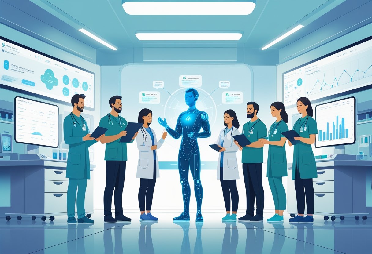 A group of medical professionals interacting with a holographic AI assistant in a modern hospital setting with digital health data displays.