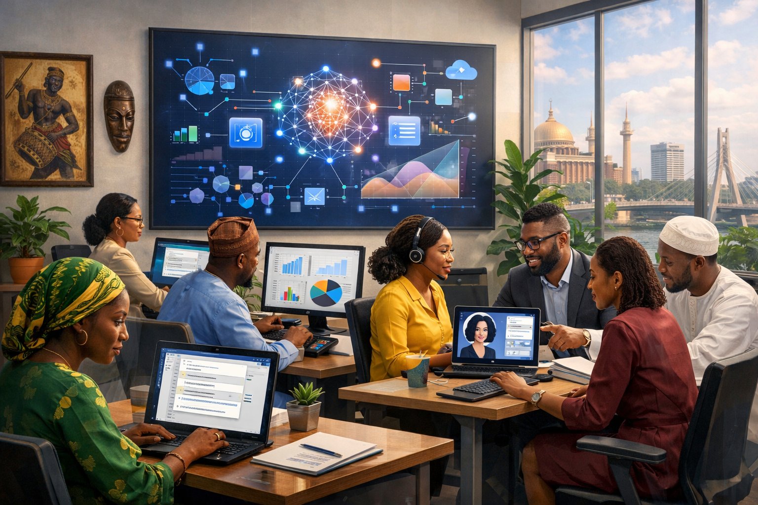 A group of professionals working together in a modern Nigerian office using AI-powered computers with a city view and cultural decorations.