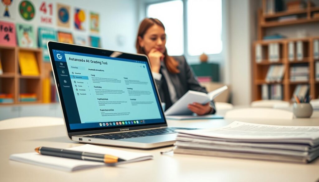 A close-up view of a modern workspace featuring an advanced AI grading tool on a sleek laptop screen, highlighting features like automated annotations and feedback on assignments. In the foreground, neatly stacked papers and a high-quality pen are placed on a minimalist desk. The middle layer showcases a teacher, dressed in professional business attire, thoughtfully reviewing the AI tool while taking notes. The background includes a softly blurred classroom setting with colorful educational posters and bookshelves. Soft, natural lighting filters in from a window, creating a warm and inviting atmosphere, suggesting innovation and efficiency in education. The image captures the essence of AI's impact on marking and grading assignments, emphasizing a blend of technology and teaching professionalism.
