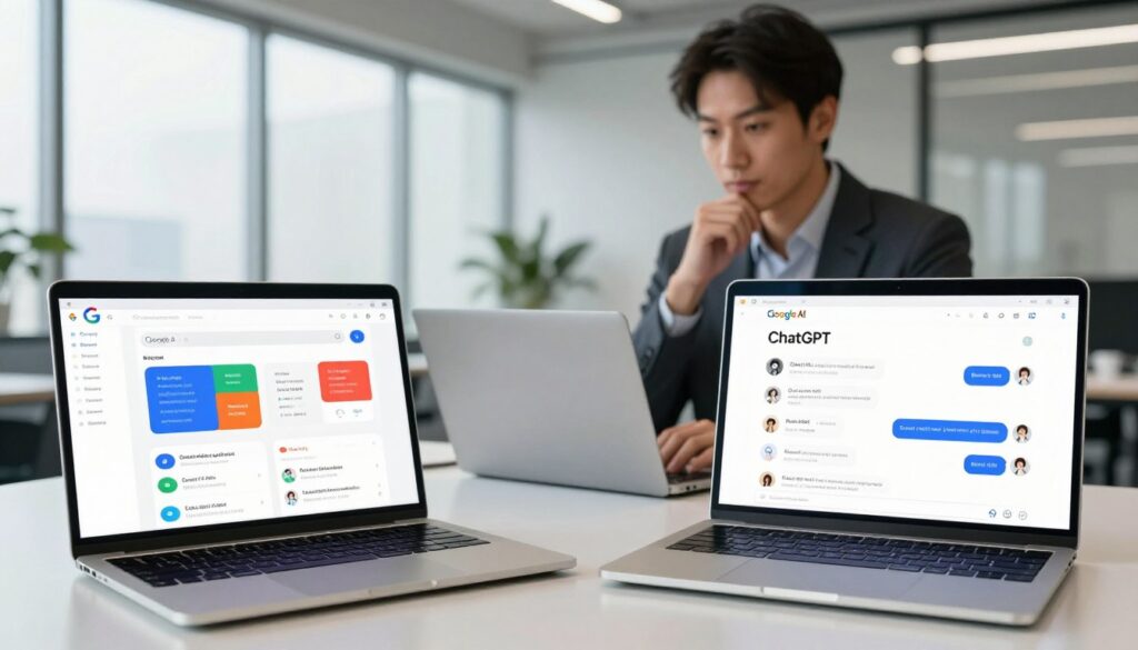 A digital workspace showcasing a comparison between Google AI and ChatGPT. In the foreground, two sleek laptops are open, displaying colorful user interfaces for each AI. For Google AI, incorporate elements of a search bar and vibrant search results, while ChatGPT shows a conversational chat interface with engaging dialogues. In the middle ground, a confident business professional, dressed in smart casual attire, is reviewing both screens with a thoughtful expression, emphasizing the analytical nature of the comparison. The background features a modern office environment with soft lighting, floor-to-ceiling windows allowing natural light to filter in. The mood is insightful and innovative, facilitating a clear visual distinction between the two AI tools. Use a soft focus on the background to highlight the details on the laptops and the professional, ensuring a polished and contemporary look. A digital workspace showcasing a comparison between Google AI and ChatGPT. In the foreground, two sleek laptops are open, displaying colorful user interfaces for each AI. For Google AI, incorporate elements of a search bar and vibrant search results, while ChatGPT shows a conversational chat interface with engaging dialogues. In the middle ground, a confident business professional, dressed in smart casual attire, is reviewing both screens with a thoughtful expression, emphasizing the analytical nature of the comparison. The background features a modern office environment with soft lighting, floor-to-ceiling windows allowing natural light to filter in. The mood is insightful and innovative, facilitating a clear visual distinction between the two AI tools. Use a soft focus on the background to highlight the details on the laptops and the professional, ensuring a polished and contemporary look.