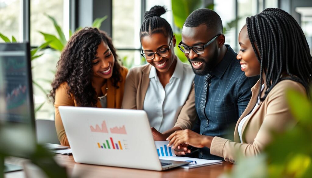 A dynamic workspace featuring African professionals collaborating on SEO strategies. In the foreground, a diverse group of three businesspeople—two women and one man—analyzing graphs on a laptop, dressed in smart casual attire, showcasing teamwork. The middle ground should depict colorful charts and SEO-related data on screens, symbolizing AI tools optimizing content for Nigerian businesses. The background features a modern office with greenery and natural light pouring in through large windows, creating an inspiring atmosphere. Use a subtle bokeh effect to emphasize the teamwork while maintaining clarity on the screens. Aim for bright, optimistic lighting, highlighting the innovative and professional environment of Nigerian businesses leveraging AI for better SEO outcomes. A dynamic workspace featuring African professionals collaborating on SEO strategies. In the foreground, a diverse group of three businesspeople—two women and one man—analyzing graphs on a laptop, dressed in smart casual attire, showcasing teamwork. The middle ground should depict colorful charts and SEO-related data on screens, symbolizing AI tools optimizing content for Nigerian businesses. The background features a modern office with greenery and natural light pouring in through large windows, creating an inspiring atmosphere. Use a subtle bokeh effect to emphasize the teamwork while maintaining clarity on the screens. Aim for bright, optimistic lighting, highlighting the innovative and professional environment of Nigerian businesses leveraging AI for better SEO outcomes.