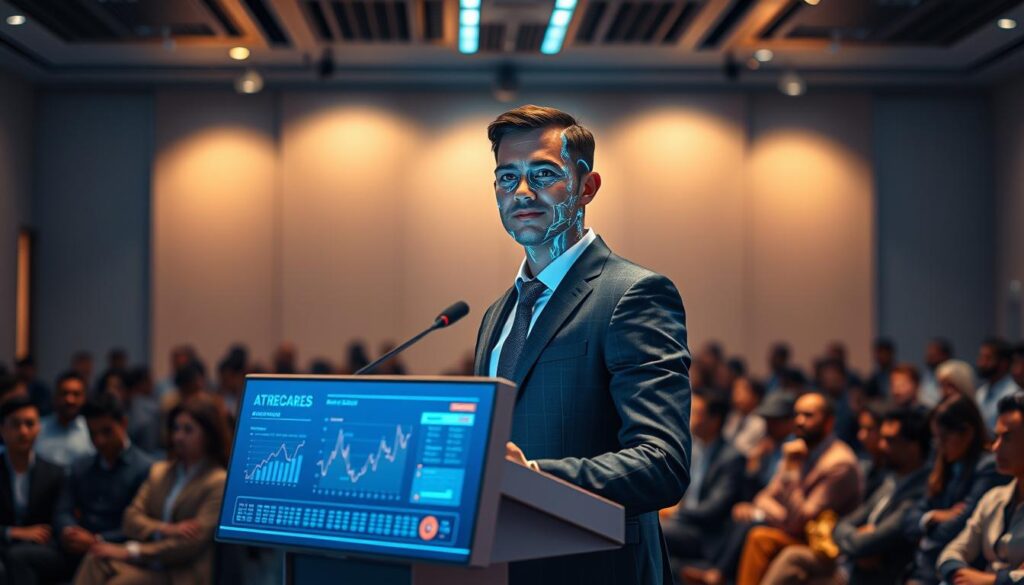 A futuristic digital presenter stands confidently at a sleek podium, depicting an AI-driven avatar in professional business attire. The presenter, with a charismatic and approachable expression, should have lifelike features enhanced by glowing digital patterns subtly integrating AI elements. In the foreground, interactive screens display vibrant graphics and analytics, showcasing the technology behind the presentation. The middle ground features a diverse audience, captivated and engaged, highlighting the growing integration of AI in communication. The background should consist of a high-tech conference room with ambient lighting that creates a warm yet professional atmosphere. Use a soft-focus lens effect to emphasize the presenter while ensuring the environment retains clarity, imbuing the scene with a sense of innovation and excitement about AI in media.