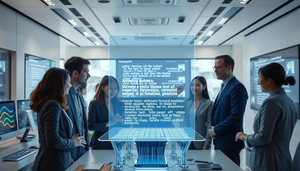 A futuristic office space featuring advanced text-to-video conversion technology at work. In the foreground, a diverse group of professionals in business attire are engaged in collaboration, examining a large holographic display showcasing dynamic visualizations generated from text input. The middle layer includes sleek, modern computers and software interfaces with glowing buttons and data streams flowing. The background displays a bright, high-tech environment with large screens showing animated sequences emerging from written text, emphasizing the transformative process. Soft, ambient lighting creates an innovative atmosphere, while a slight lens flare captures the sense of breakthrough technology. The overall mood is focused and exciting, illustrating the seamless integration of AI tools in creative workflows.