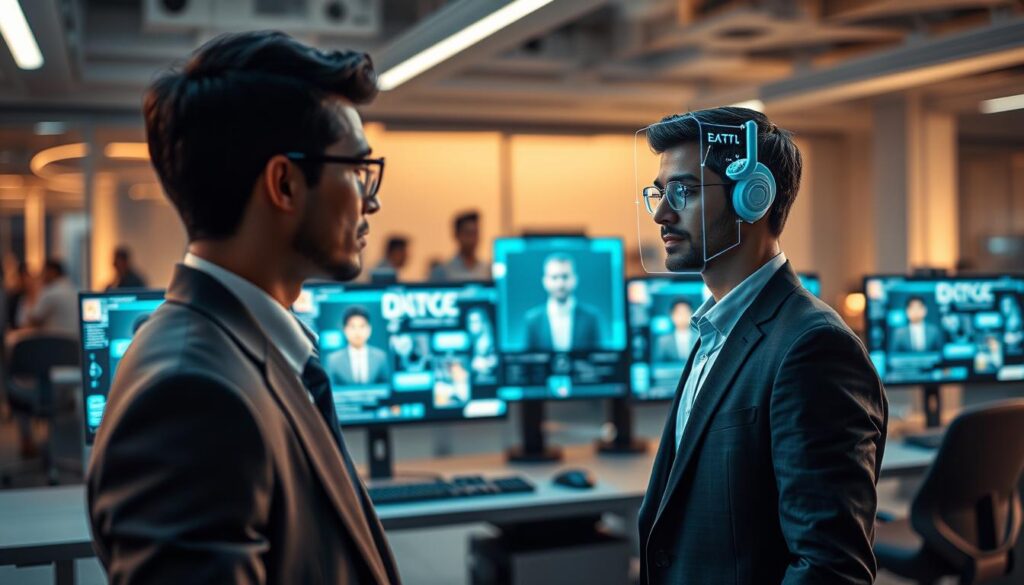 A futuristic, sleek workspace showcasing HeyGen AI Avatar Technology in action. In the foreground, a professional individual in a tailored business suit engages with a holographic avatar, demonstrating personalized video communication. The middle ground features a modern computer workstation with high-tech screens displaying dynamic visuals of avatars and AI interfaces. The background consists of a well-designed office space filled with soft, ambient lighting, hinting at innovation and creativity. The scene captures a sense of collaborative productivity, with an inspiring atmosphere enhanced by warm and cool color contrasts. Use a shallow depth of field to focus on the individual and avatar interaction, while softly blurring the workstation to emphasize the innovative technology at play.