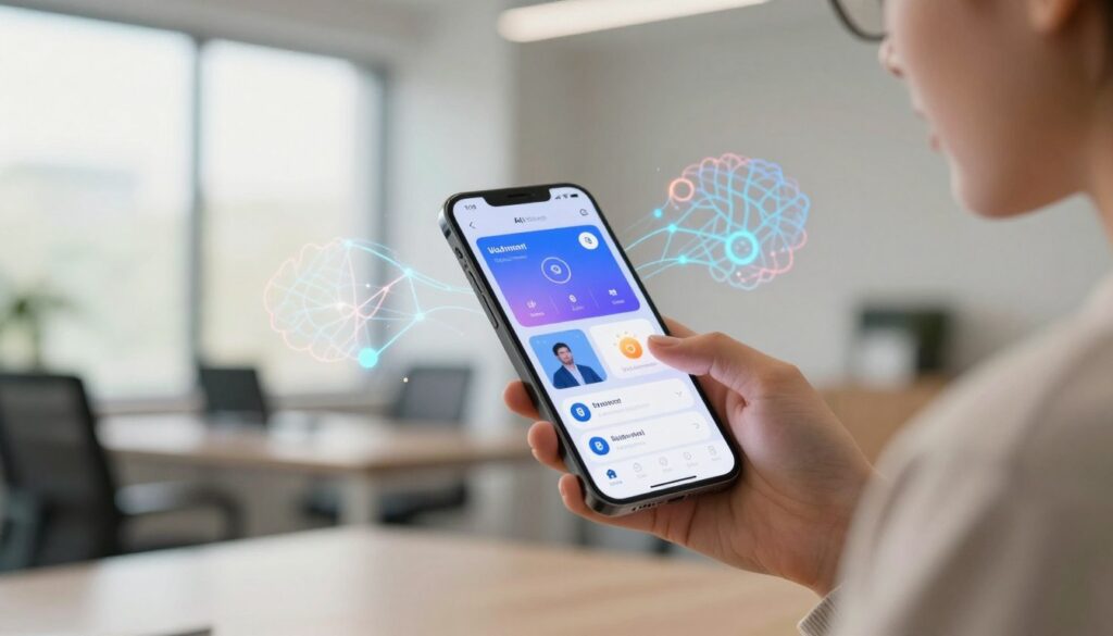 A modern mobile device displaying a vibrant user interface showcasing various AI applications, including voice recognition and text generation. In the foreground, a user—dressed in smart casual clothing—interacts with the device, their fingers poised over the screen as if actively engaging with an AI assistant. In the middle ground, an abstract representation of neural networks and data streams subtly weaves through the scene, illustrating the connectivity and intelligence behind AI. The background features a stylish, well-lit office environment with soft, natural light filtering in through a large window, creating a warm and inviting atmosphere. The camera angle should be a dynamic close-up, focusing on both the device and the user's expression of curiosity and engagement, emphasizing speed and accessibility in AI technology. A modern mobile device displaying a vibrant user interface showcasing various AI applications, including voice recognition and text generation. In the foreground, a user—dressed in smart casual clothing—interacts with the device, their fingers poised over the screen as if actively engaging with an AI assistant. In the middle ground, an abstract representation of neural networks and data streams subtly weaves through the scene, illustrating the connectivity and intelligence behind AI. The background features a stylish, well-lit office environment with soft, natural light filtering in through a large window, creating a warm and inviting atmosphere. The camera angle should be a dynamic close-up, focusing on both the device and the user's expression of curiosity and engagement, emphasizing speed and accessibility in AI technology.