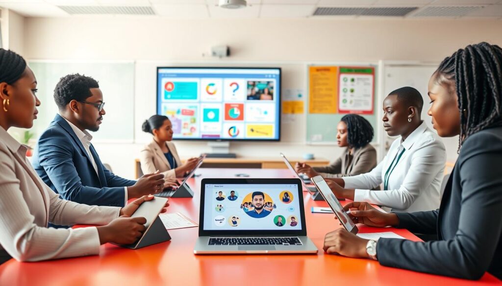 A modern online teaching environment in a Nigerian classroom, showcasing various AI tools on dynamic digital devices like tablets and laptops on a sleek, colorful desk. In the foreground, diverse teachers, dressed in professional business attire, are engaged in interactive discussions using these tools. In the middle ground, you can see a large screen displaying educational AI applications with vibrant graphics and visuals that highlight their functions. The background features a bright and inviting classroom with educational posters and a large window letting in natural sunlight, creating a warm and engaging atmosphere. The composition emphasizes collaboration and technology in education, with a soft focus on the devices enhancing the mood of innovation and learning.