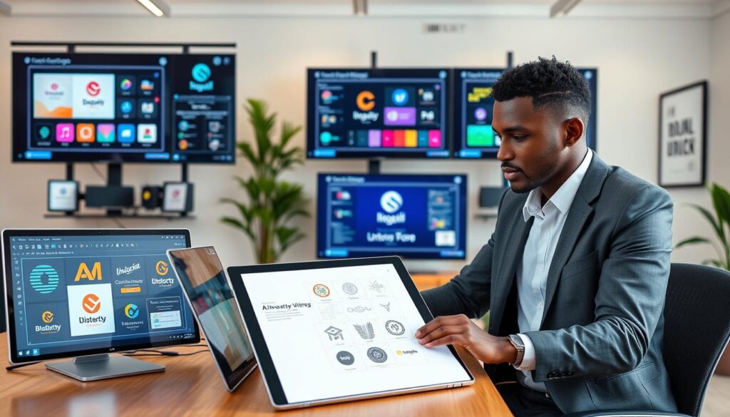 A modern workspace featuring an array of AI logo design tools displayed on sleek digital screens. In the foreground, a professional business person, dressed in smart casual attire, is intently working on a logo design, utilizing intuitive software interfaces that showcase vibrant logo concepts and color palettes. In the middle, a stylish laptop open on a desk captures the essence of creativity with sketches and prototypes showcasing logos inspired by Nigerian culture and business. The background features a well-lit, contemporary office environment, with motivational artwork on the walls and greenery adding a fresh touch. The image should have soft, diffused lighting to create a welcoming atmosphere, captured from a slight overhead angle to provide depth and detail.