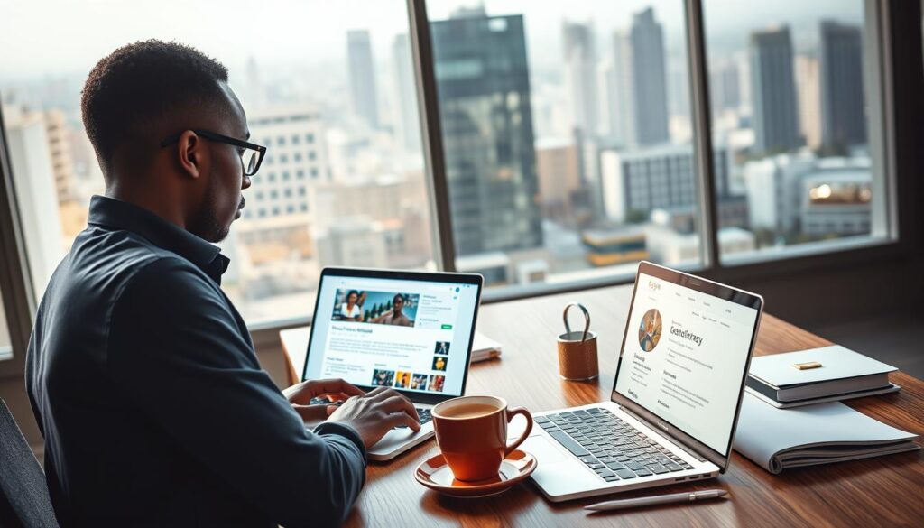 A professional workspace showcasing Jasper AI interface on a sleek laptop screen, with vibrant colors representing local Nigerian culture. In the foreground, a focused individual of Nigerian descent, dressed in smart casual attire, interacts with the laptop, demonstrating engagement with content creation. The middle layer features a stylish desk adorned with notebooks, a cup of local Nigerian coffee, and an open laptop displaying distinctly local keywords and visuals relevant to Nigerian SEO. In the background, a bright window reveals a bustling cityscape of Lagos, reflecting the energy and potential of local content creation. Soft, natural lighting floods the scene, emphasizing a productive and inspiring atmosphere, with a slight depth of field to draw attention to the foreground elements. A professional workspace showcasing Jasper AI interface on a sleek laptop screen, with vibrant colors representing local Nigerian culture. In the foreground, a focused individual of Nigerian descent, dressed in smart casual attire, interacts with the laptop, demonstrating engagement with content creation. The middle layer features a stylish desk adorned with notebooks, a cup of local Nigerian coffee, and an open laptop displaying distinctly local keywords and visuals relevant to Nigerian SEO. In the background, a bright window reveals a bustling cityscape of Lagos, reflecting the energy and potential of local content creation. Soft, natural lighting floods the scene, emphasizing a productive and inspiring atmosphere, with a slight depth of field to draw attention to the foreground elements.