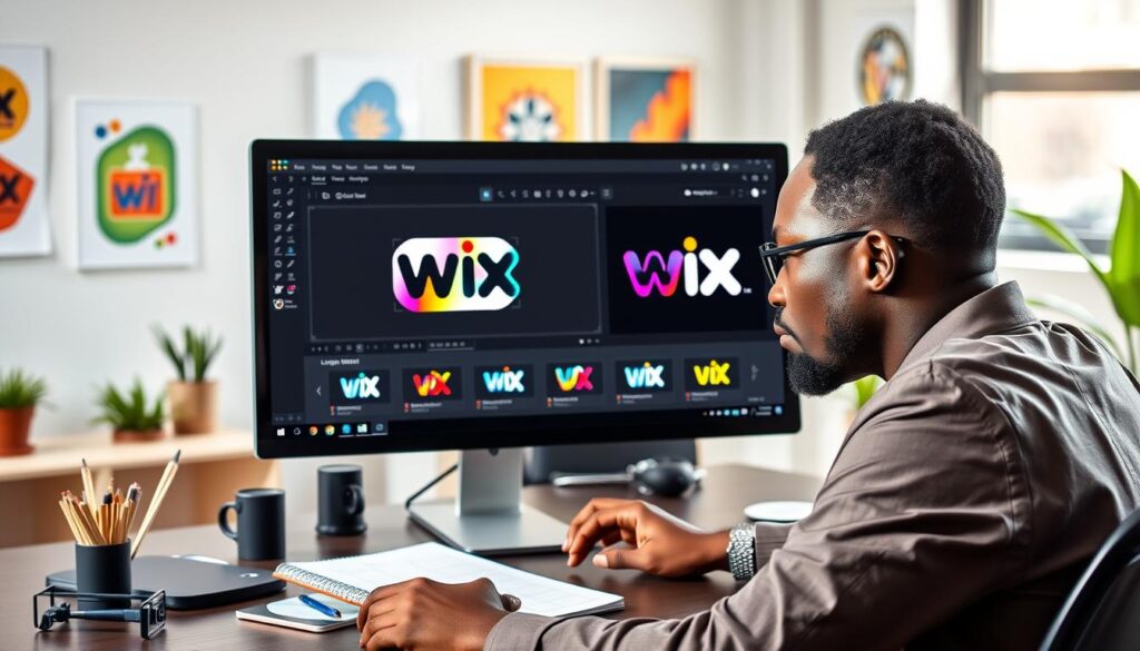 A sleek and modern workspace featuring a computer screen displaying the Wix Logo Maker interface, showcasing a vibrant and colorful logo design in progress. In the foreground, a focused Nigerian business owner, dressed in professional attire, is intently working on their logo, with a thoughtful expression. The middle ground includes design tools and a notebook with sketches of logo ideas, adding to the creative atmosphere. The background displays a bright, well-lit room with inspirational design elements like posters of famous logos and plants, creating an inviting and innovative ambiance. Soft, natural lighting filters through a nearby window, casting a warm glow on the scene, emphasizing the user-friendly experience of the Wix Logo Maker.