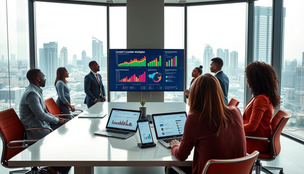 A sleek, modern office space with a view of the bustling city skyline, representing Nigeria's vibrant market. In the foreground, a diverse team of professionals, dressed in business attire, collaborate around a large digital screen displaying colorful graphs and analytics about content strategies. The middle ground features a stylish conference table with laptops and tablets showcasing MarketMuse's interface. In the background, large windows allow natural light to flood the room, creating an empowering atmosphere. The overall mood is one of innovation and focus, emphasizing the use of data to drive content strategies. Capture this dynamic scene from a slightly elevated angle, with a soft focus on the team, leaving the digital displays crisp and clear. A sleek, modern office space with a view of the bustling city skyline, representing Nigeria's vibrant market. In the foreground, a diverse team of professionals, dressed in business attire, collaborate around a large digital screen displaying colorful graphs and analytics about content strategies. The middle ground features a stylish conference table with laptops and tablets showcasing MarketMuse's interface. In the background, large windows allow natural light to flood the room, creating an empowering atmosphere. The overall mood is one of innovation and focus, emphasizing the use of data to drive content strategies. Capture this dynamic scene from a slightly elevated angle, with a soft focus on the team, leaving the digital displays crisp and clear.