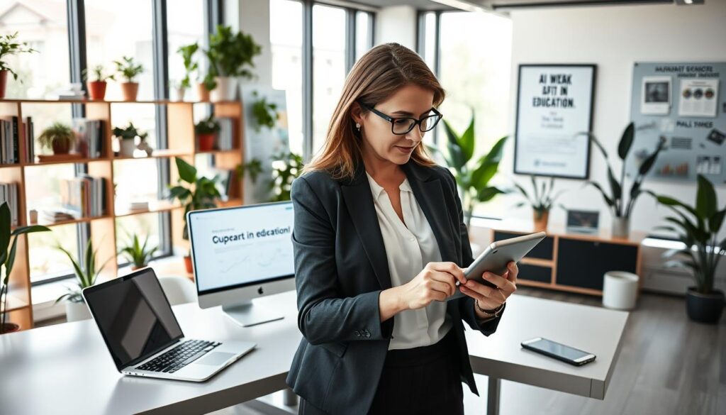 A sleek, modern school administration office filled with advanced AI tools and digital devices. In the foreground, a well-dressed school administrator, a middle-aged woman focused on a tablet, analyzes data. The middle layer features a sleek desk with a laptop, smartphone, and a dashboard displaying school analytics. In the background, large windows let in natural light, creating a bright and inviting atmosphere filled with potted plants. Shelves are lined with books about education and technology, while a motivational poster about AI in education hangs on the wall. The mood is professional and efficient, symbolizing innovation in school management. The scene is captured with a dynamic angle that emphasizes the tools and the administrator’s engagement, illuminated by soft, ambient lighting.