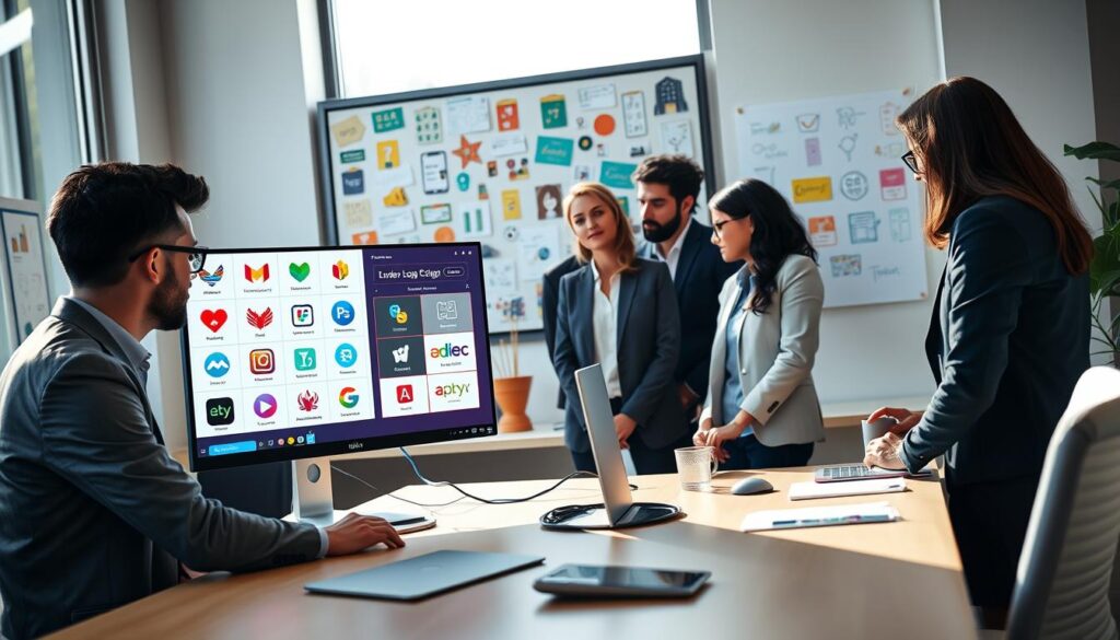 A sleek, modern workspace featuring a computer desk with a high-resolution screen displaying the Fiverr Logo Maker interface, showcasing vibrant logo designs. In the foreground, a diverse group of professional designers, dressed in smart casual business attire, collaborate around the desk, exchanging ideas and strategies. In the background, a creative bulletin board filled with colorful design inspirations and sketches highlights the collaborative environment. Soft natural lighting streams in through a large window, casting a warm and inviting atmosphere. The composition emphasizes teamwork and innovation, with a focus on the AI-assisted tools enhancing creative output. The image should convey a sense of professionalism and creativity, with dynamic angles to capture the engaging interactions among the designers.