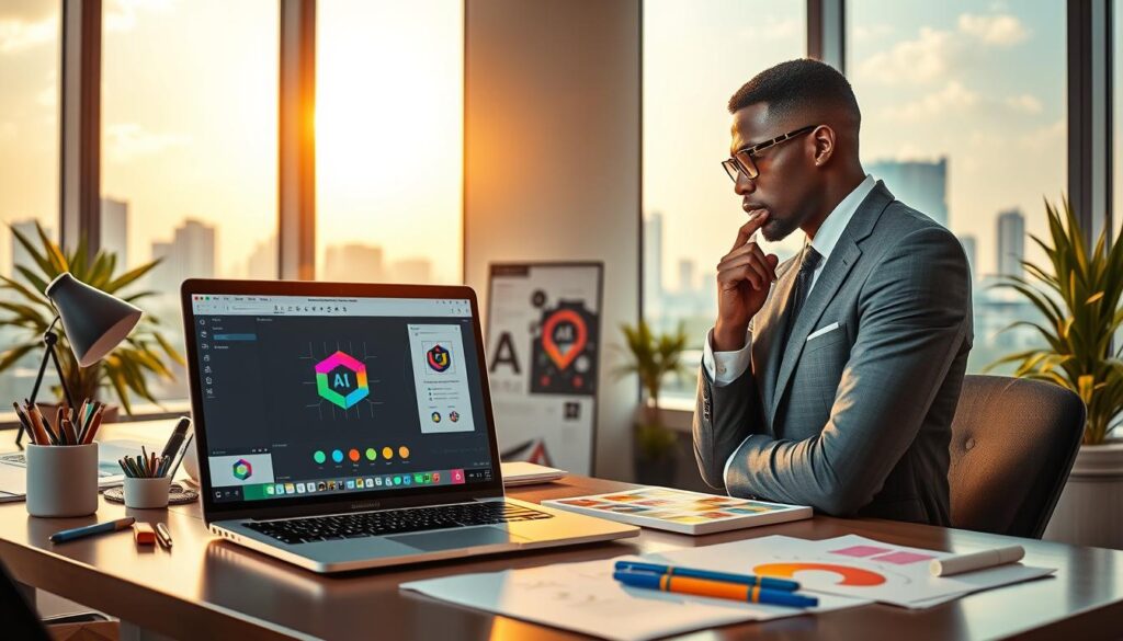 A vibrant and modern workspace showcasing the concept of "AI-powered logo generation." In the foreground, a sleek laptop displays a dynamic logo design software interface, highlighting a colorful logo being created with AI assistance. Beside the laptop, a professional-looking individual in smart business attire is thoughtfully analyzing the design on the screen, emphasizing innovation and creativity. The middle ground features a stylish desk adorned with design tools, sketches, and color palettes, creating an artistic atmosphere. In the background, large windows reveal a sunny day, with city skyline views symbolizing growth and opportunity for Nigerian startups. The lighting is warm and inviting, creating a productive mood. The overall atmosphere is one of inspiration, professionalism, and technological advancement.