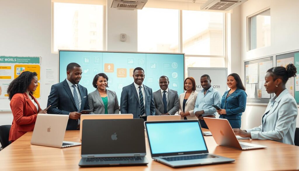 A vibrant, well-organized classroom scene depicting advanced AI tools for teachers in Nigeria. In the foreground, a smart interactive whiteboard displays various AI educational applications, surrounded by sleek, modern laptops and tablets. The middle ground features a diverse group of teachers, dressed in professional business attire, engaging with the technology, showcasing collaboration and enthusiasm. In the background, large windows let in warm, ambient sunlight, illuminating the room and creating a welcoming atmosphere. Elements like colorful educational posters and charts on the walls highlight a dynamic learning environment. The overall mood is optimistic and innovative, emphasizing how AI tools can enhance teaching and learning experiences. The scene should be created using soft lighting with a focus on clarity and detail.
