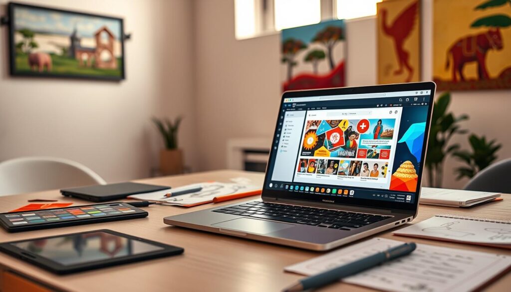 A vibrant workspace showcasing AI thumbnail tools tailored for Nigerian YouTubers. In the foreground, a sleek laptop open to a colorful thumbnail design interface, displaying rich graphics and imagery relevant to Nigerian culture. Beside it, stylish design tools like a digital tablet and color palette. In the middle ground, a well-organized desk with sketches and notes on best practices of thumbnail design, highlighting techniques such as vibrant colors and bold fonts. The background features wall art inspired by Nigerian landscapes and symbols. Natural sunlight filters through a window, creating a warm, inviting atmosphere. The mood is creative and professional, emphasizing innovation in content creation.