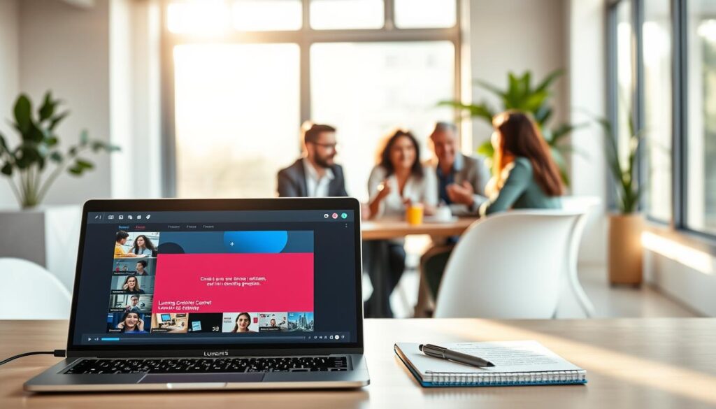 A visually engaging workspace illustrating "Lumen5: Streamlined Content Transformation." In the foreground, a sleek laptop displays the Lumen5 interface with video clips and text elements in vibrant colors. Next to it, a notepad and pen suggest brainstorming ideas. In the middle ground, a diverse group of professionals in smart casual attire collaborates around a table, discussing content strategies with enthusiasm. The background features a large window with sunlight streaming in, creating a warm, inviting atmosphere. Soft, natural lighting enhances focus on the creative process. A minimalistic office environment with plants accents the scene, promoting a sense of innovation and inspiration. The overall mood is productive and dynamic, emphasizing the role of AI in transforming text into engaging videos.