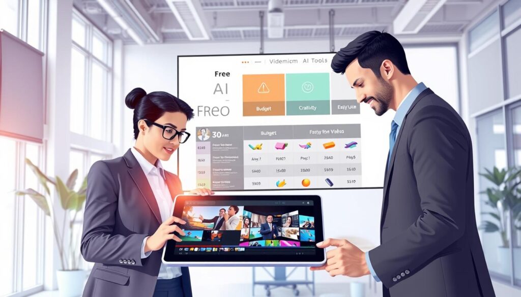 A visually striking illustration depicting the concept of "free AI video tools" set within a modern office environment. In the foreground, a diverse group of three professionals in smart business attire collaborate around a sleek digital tablet displaying a colorful video editing interface, showcasing vibrant graphics and clips. In the middle ground, a large screen displays a comparison chart between free and premium AI tools, with engaging visual symbols for budget, creativity, and ease of use. The background features a bright, airy office space with large windows letting in natural light, creating an inviting and productive atmosphere. The mood is focused yet creative, emphasizing innovation and accessibility in video technology. The composition should be well-lit, using a soft focus to enhance the central activities without distractions.