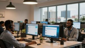 AI for Customer Support showing chatbot interface on mobile device with Nigerian business setting