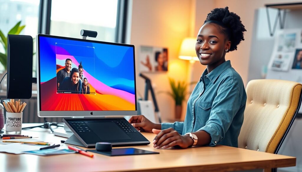 Create an image that showcases a vibrant and inviting workspace dedicated to Fotor AI thumbnail design. In the foreground, depict a sleek computer with a bright, colorful screen displaying an eye-catching thumbnail design for a YouTube video. Surround the computer with tools like a graphics tablet, color swatches, and inspirational images related to Nigeria's YouTube culture. In the middle distance, include a creative individual, a young Nigerian woman in modest casual clothing, confidently editing thumbnails, showcasing her skills. The background should feature a modern office setting with warm, natural lighting filtering through a window, creating an uplifting atmosphere. Use a slightly elevated angle to emphasize the workspace, keeping the focus on the design process without any text or logos.