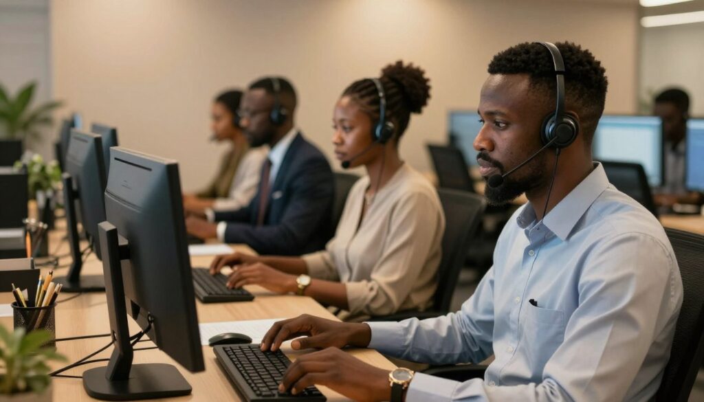 Human customer service agents working in modern Nigerian call centre providing AI for Customer Support