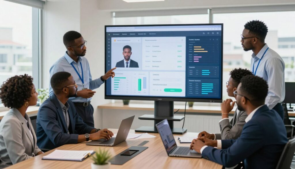 Nigerian business team implementing AI for Customer Support reviewing chatbot analytics dashboard