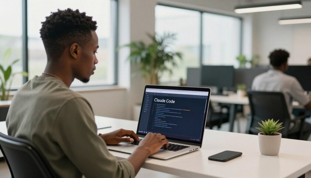 Nigerian developer setting up Claude Code on laptop in modern workspace