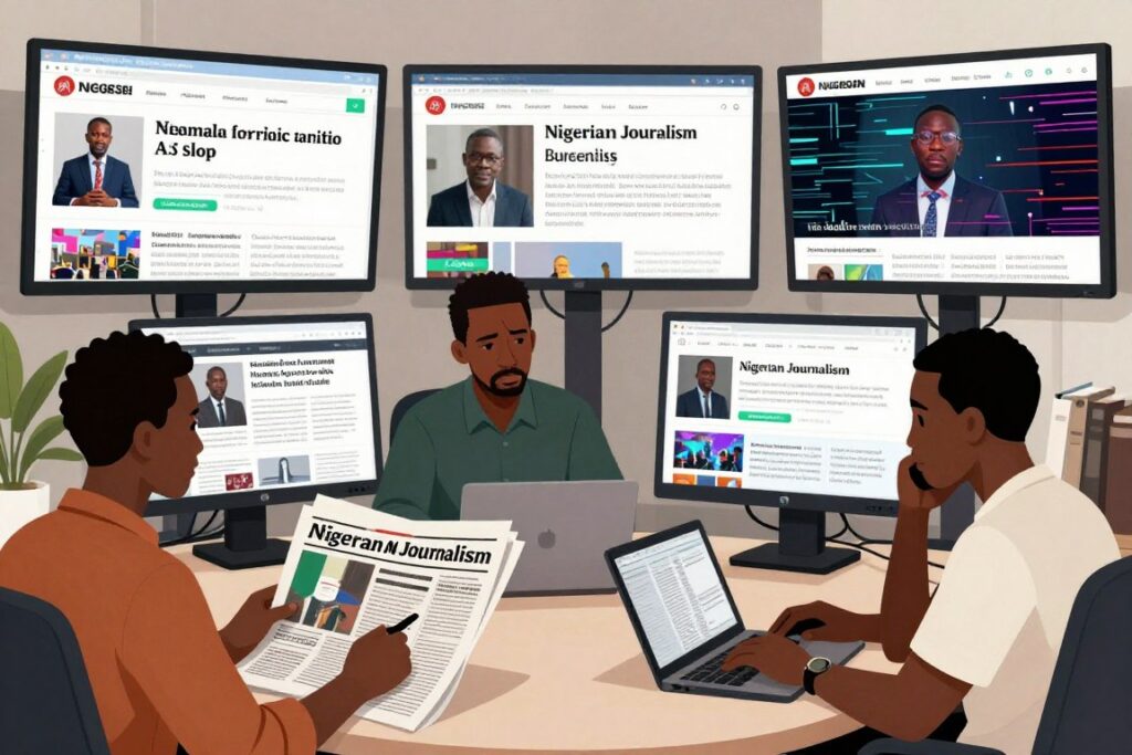 Nigerian journalists working alongside AI-generated content flooding news feeds, showing the contrast between professional journalism and AI slop